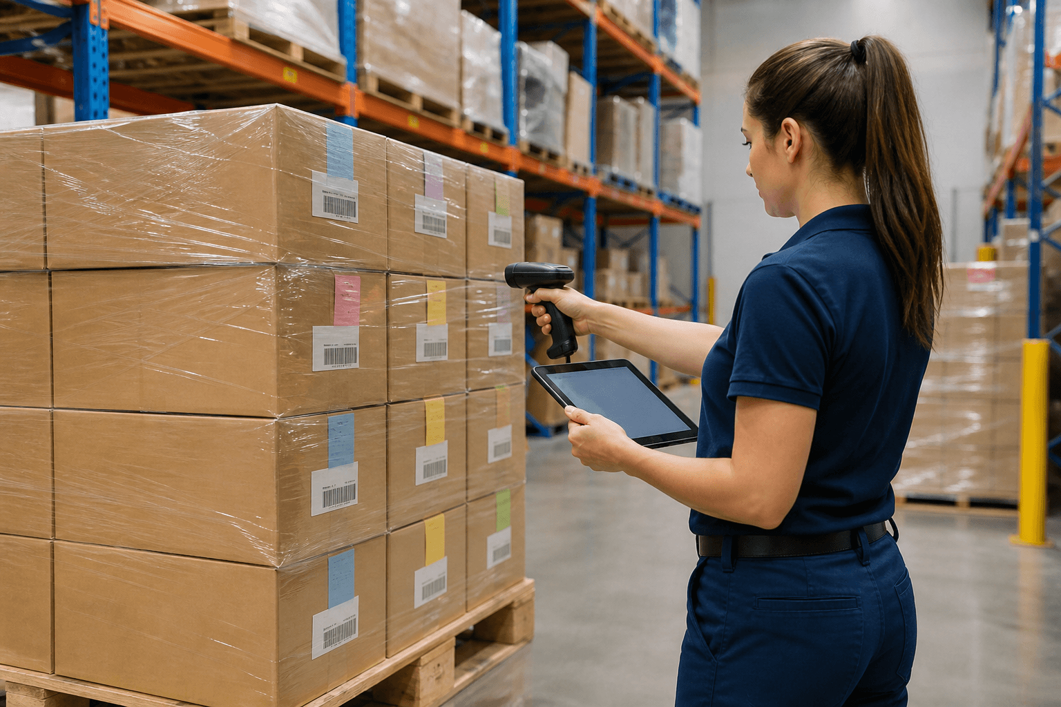 Close view of a warehouse associate scanning a pallet of unbranded cartons during an inventory-control check