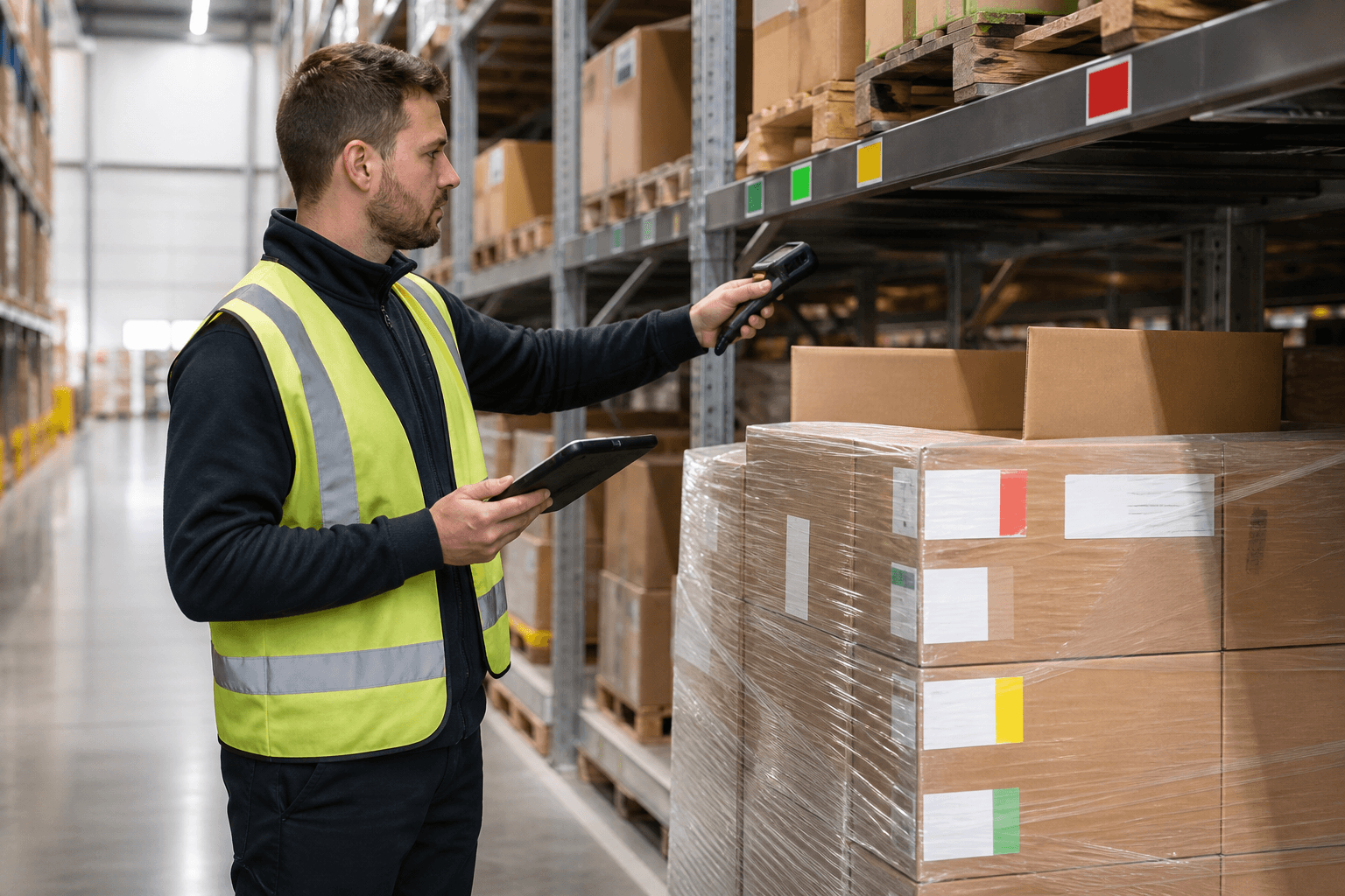 Warehouse worker using a tablet to confirm a pick location beside a controlled pallet in an orderly fulfillment aisle