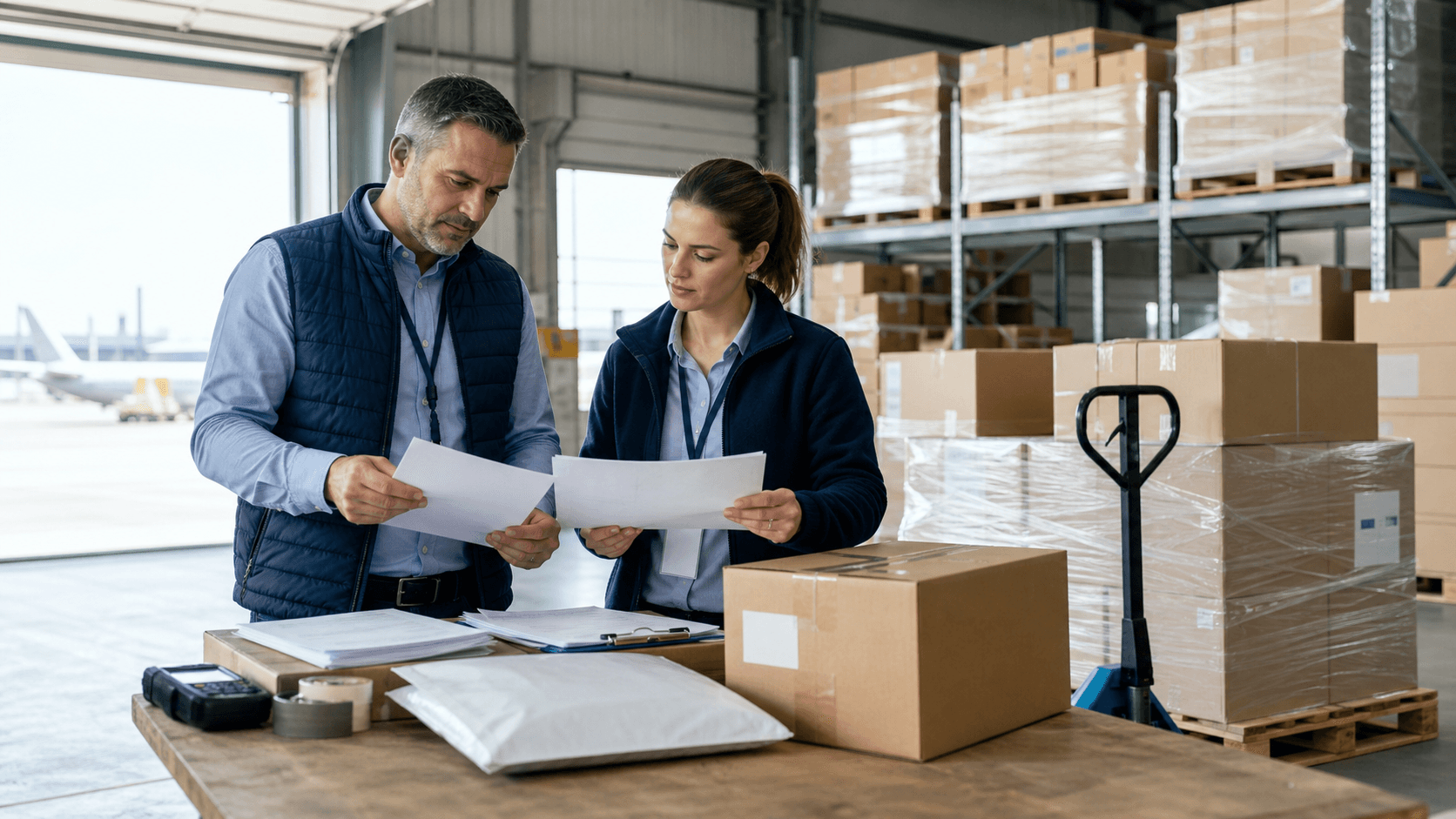 Two logistics professionals reconciling unbranded shipment documents beside sealed cartons in an airport cargo warehouse