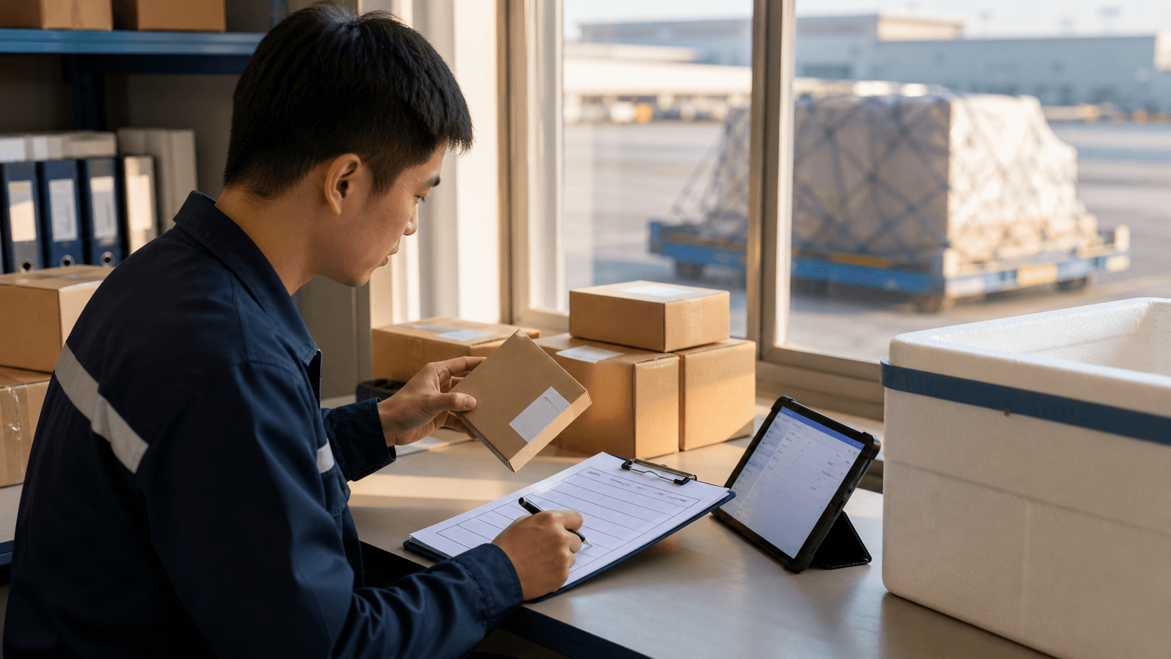 Logistics coordinator matching a sealed unbranded sample carton to a checklist beside insulated packaging in an air-cargo warehouse
