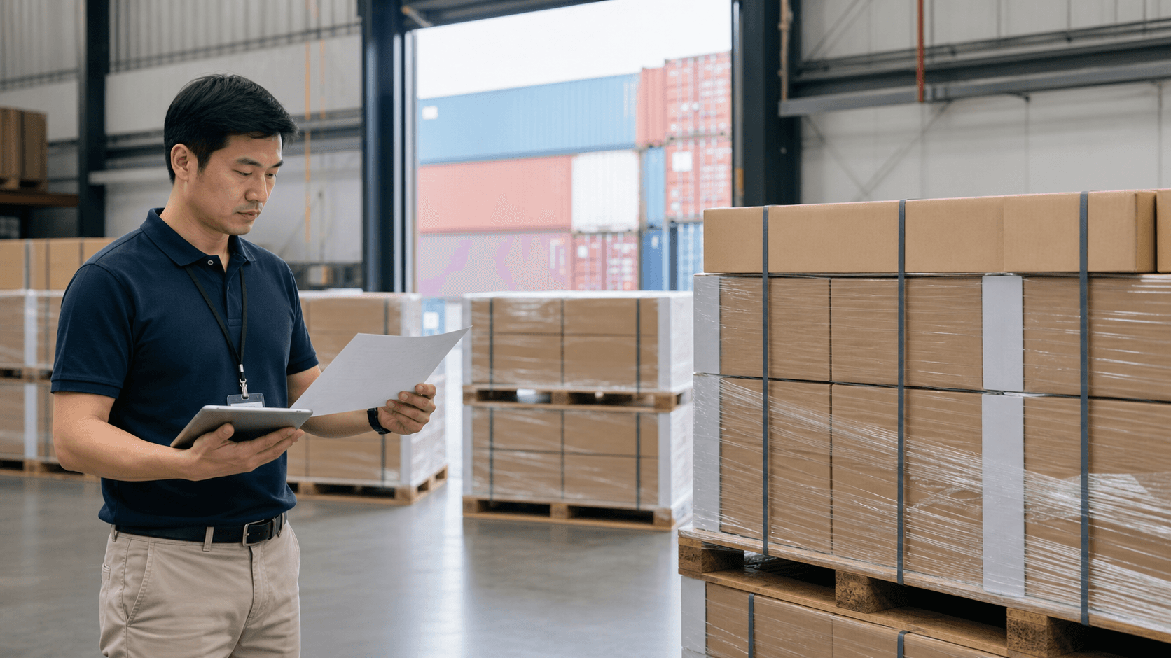 Logistics coordinator comparing shipment paperwork with secured unbranded cargo pallets in an export warehouse