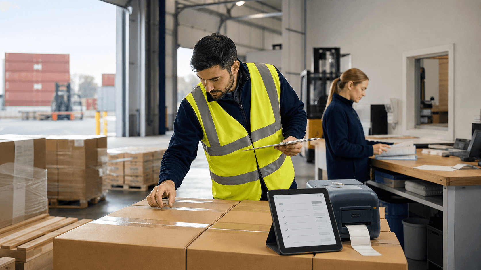 Warehouse coordinator checking commercial cartons and a non-readable digital checklist before an import handoff