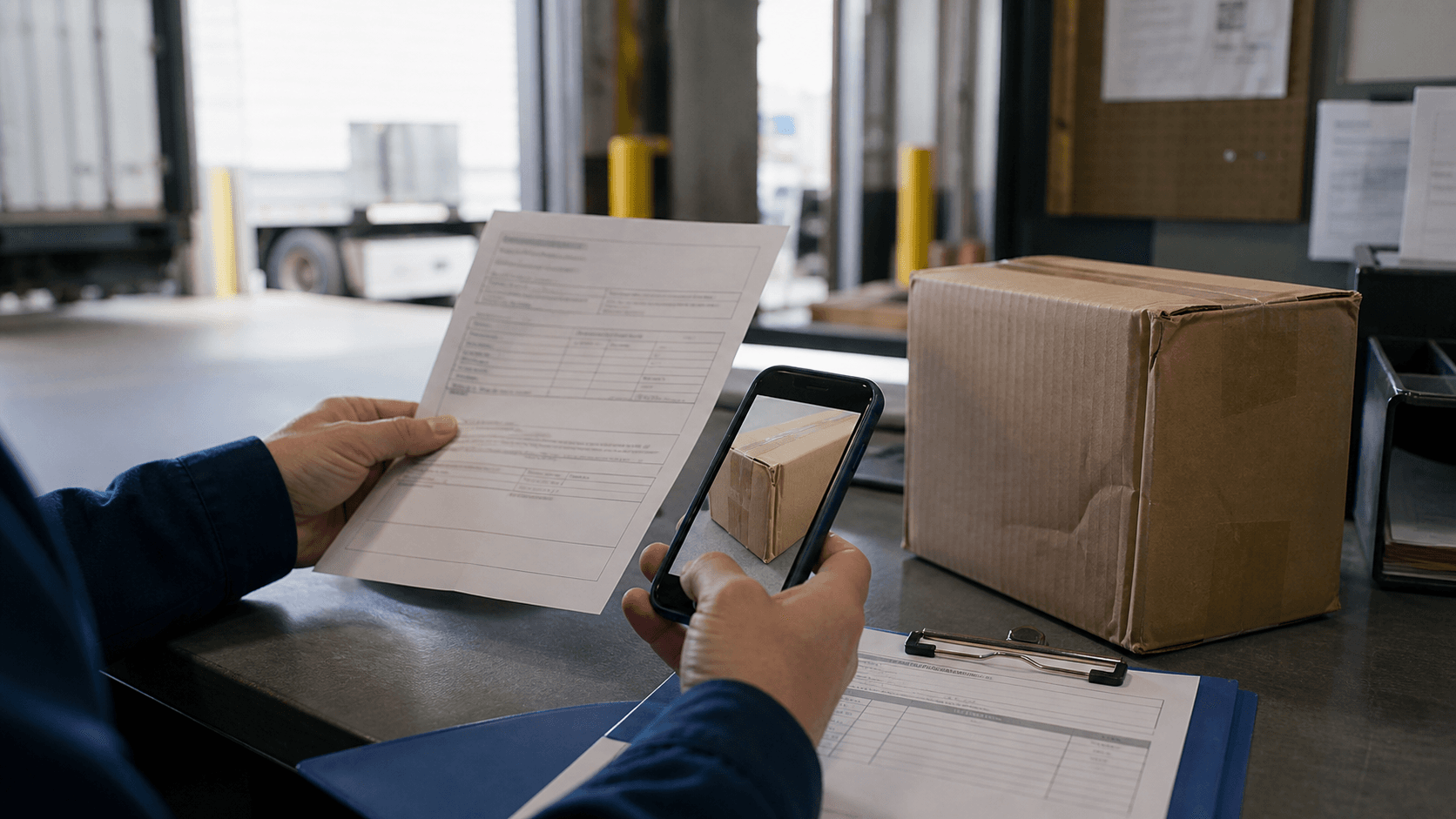 Logistics coordinator organizing an unbranded delivery receipt, carton-condition photo and shipment evidence at a warehouse desk